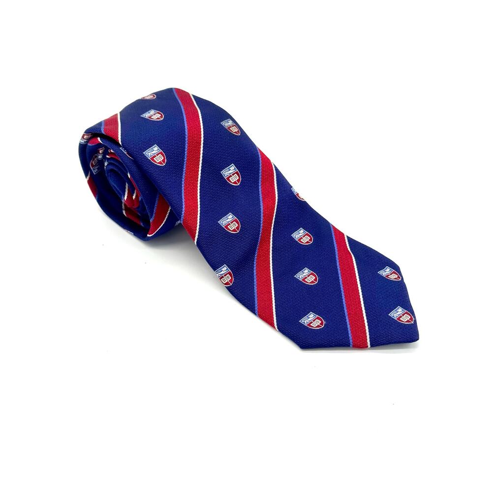 Valentino Italian Silk Tie -  Blue and Red Stipes and Crest Emblems